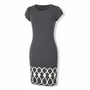 Alex Marie 100% Merino Wool Midi Dress Sz S Bodycon Cap Slv Grey Geo Retro 80s
